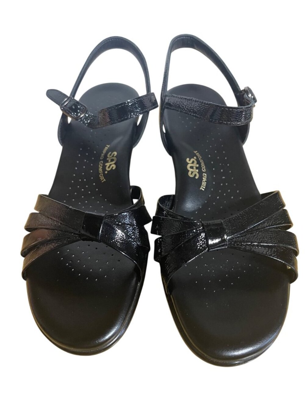 SAS Strippy Black Patent Leather Wedge Sandals Womens Size 10 Tripad Comfort USA